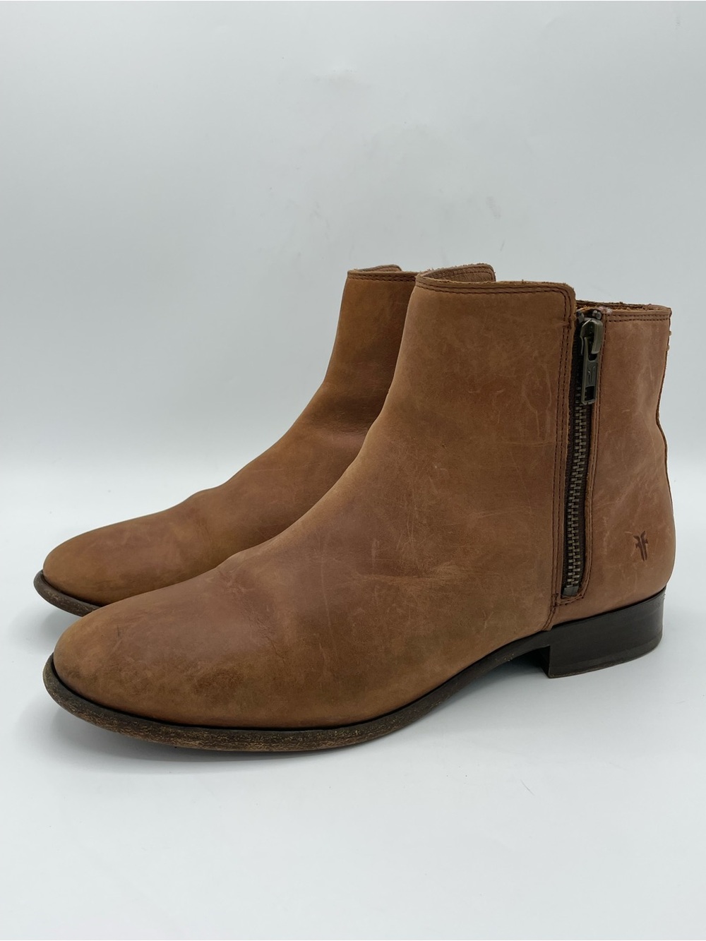 Frye Women’s Carly Brown Leather Double Zipper Ankle Boots